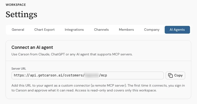 Carson Settings on the AI Agents tab, showing the Connect an AI agent card with the Server URL field and its Copy button.