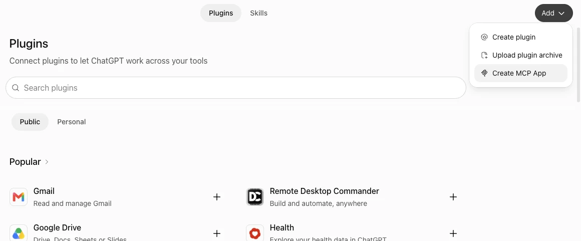 The ChatGPT Plugins page with the Add menu open and Create MCP App highlighted.
