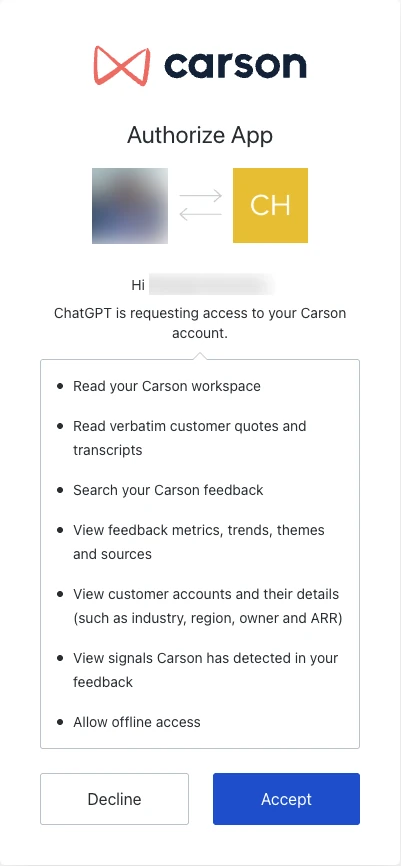 The consent screen listing the permissions Carson asks for, with the Accept button.