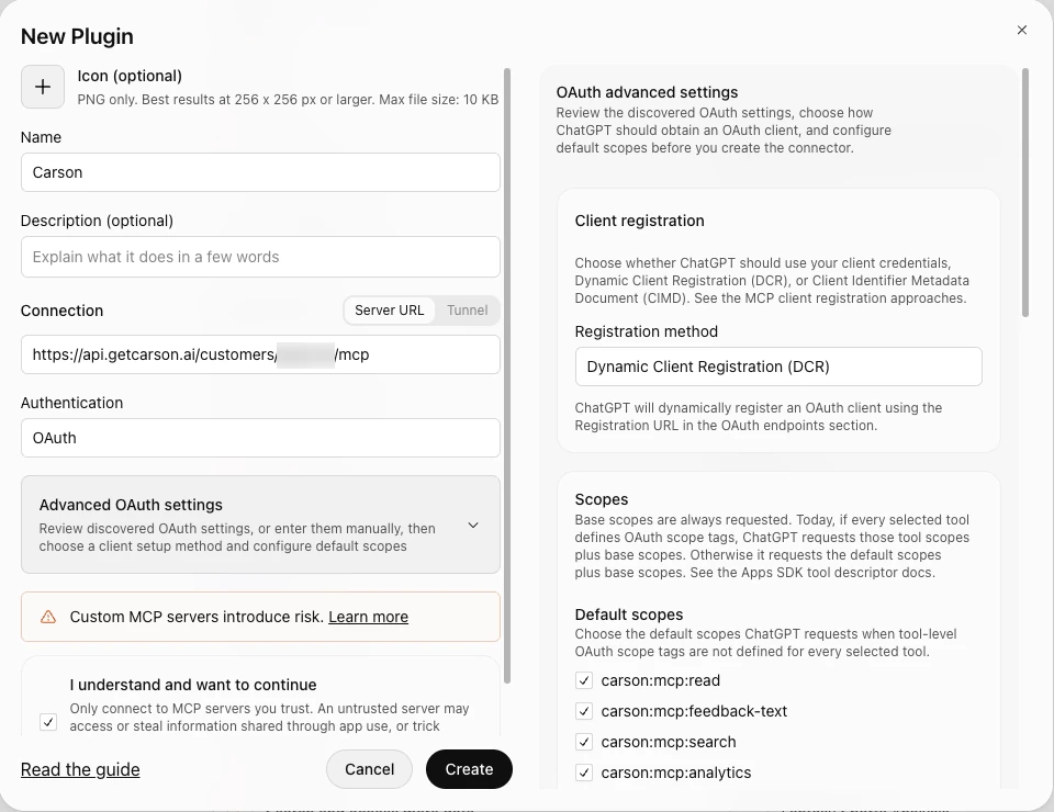 The ChatGPT New Plugin form with the name Carson, a Carson server URL under Connection, OAuth selected, Registration method set to Dynamic Client Registration (DCR) and the risk acknowledgement ticked.