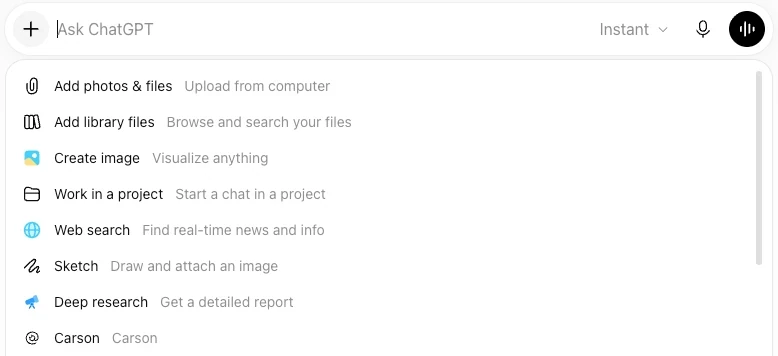 The + menu in a ChatGPT chat listing Carson among the plugins.