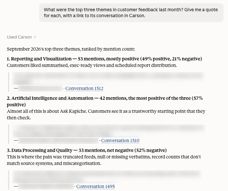 A claude.ai answer listing three themes, each with a quote and a link to its conversation in Carson. Customer names and quotes are blurred.