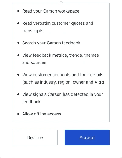 The consent screen listing the permissions Carson asks for, with the Accept button.