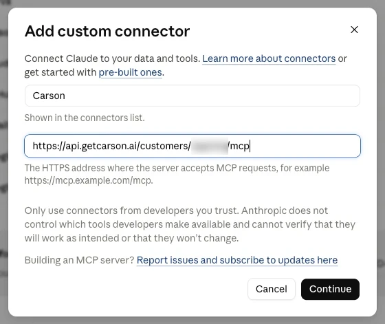 The Add custom connector dialog at claude.ai, with the name Carson and a Carson server URL filled in.