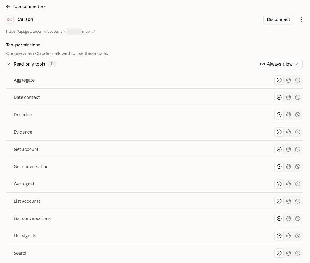 The Carson connector page in claude.ai settings, listing Carson's read-only tools.