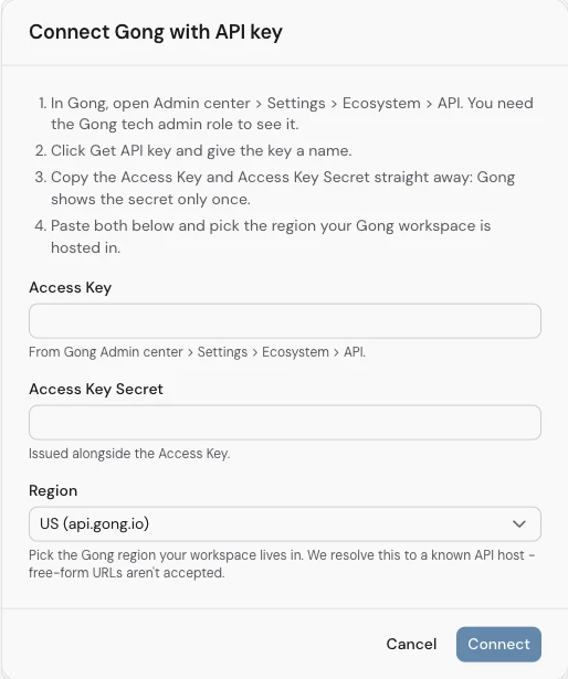 Carson's Connect Gong with API key form, with empty Access Key and Access Key Secret fields and a Region menu.