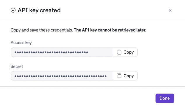 Gong's API key created dialog, with the Access key and Secret fields hidden and a Copy button beside each.