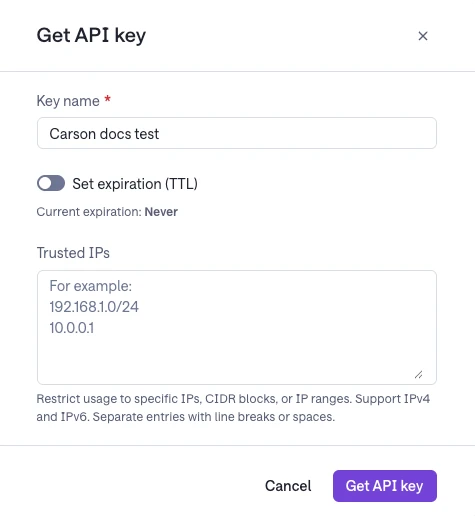Gong's Get API key dialog with a key name filled in, Set expiration off, and an empty Trusted IPs box.
