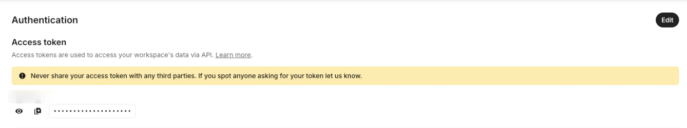 The Authentication page of an Intercom app, with the access token hidden and the show and copy icons beside it.