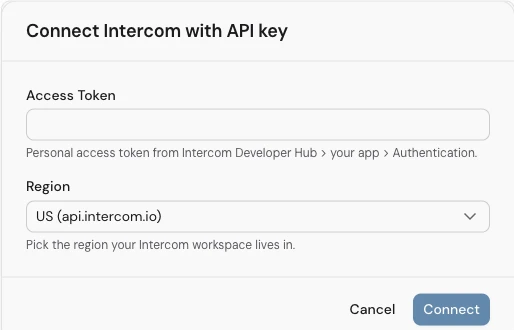 Carson's Connect Intercom with API key form, with an empty Access Token field and a Region menu.
