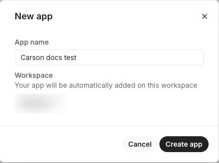 Intercom's New app dialog, with an app name filled in and the current workspace selected.