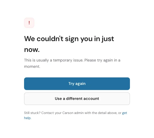 The sign-in error screen reading "We couldn't sign you in just now".